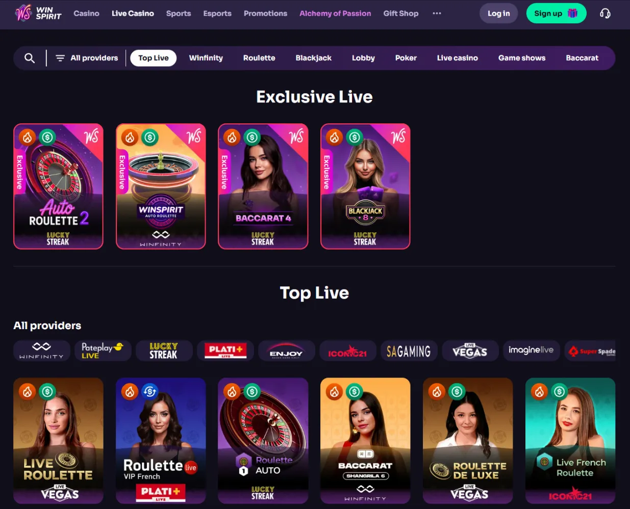 WinSpirit Live Casino — Tables and Categories